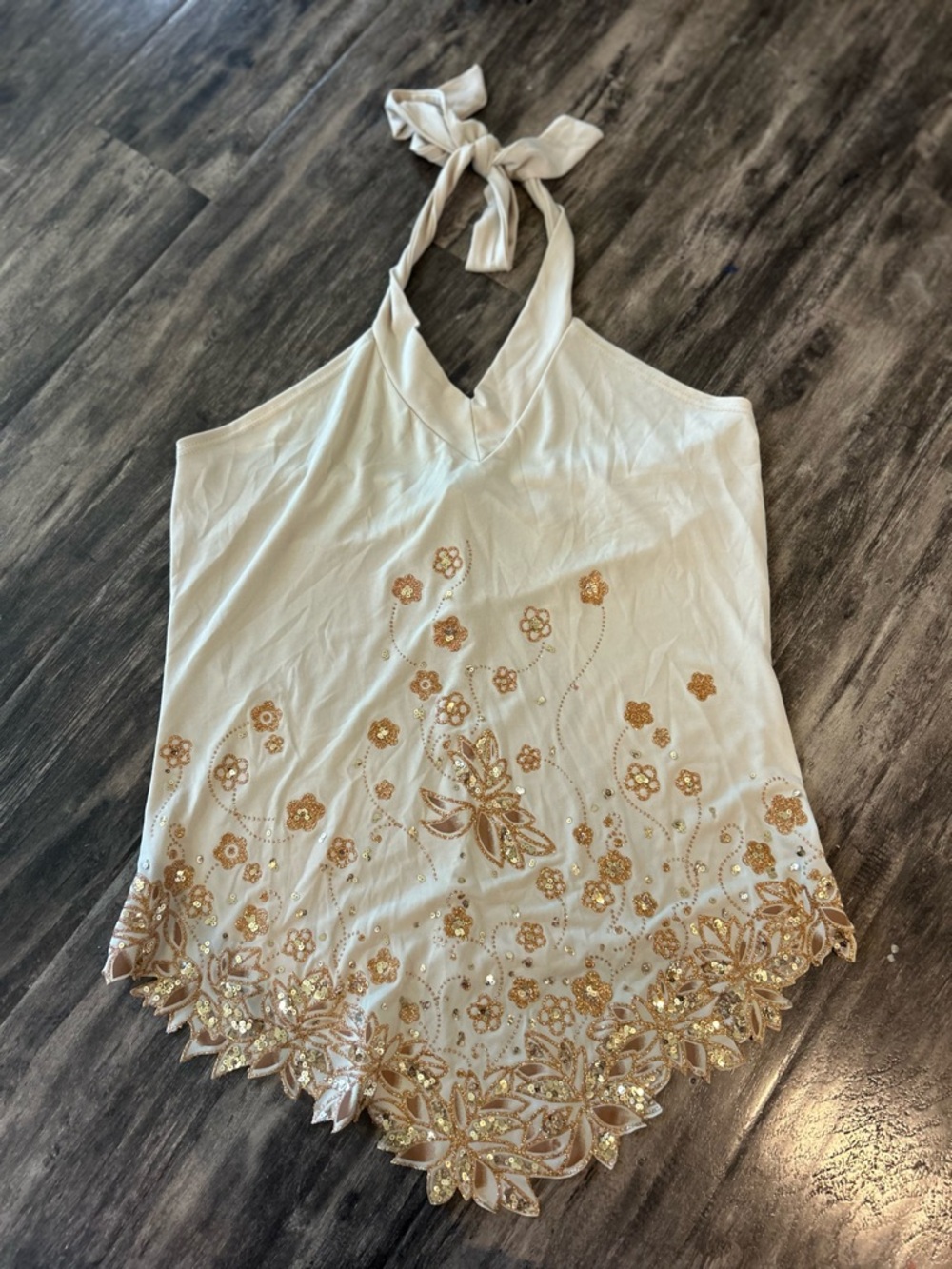 Cream Halter Top with Gold Floral Embroidery
